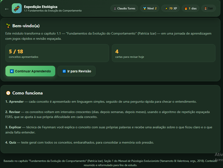 Tela real do Método Aprender com o módulo aberto, conceitos apresentados e cartas para revisar hoje