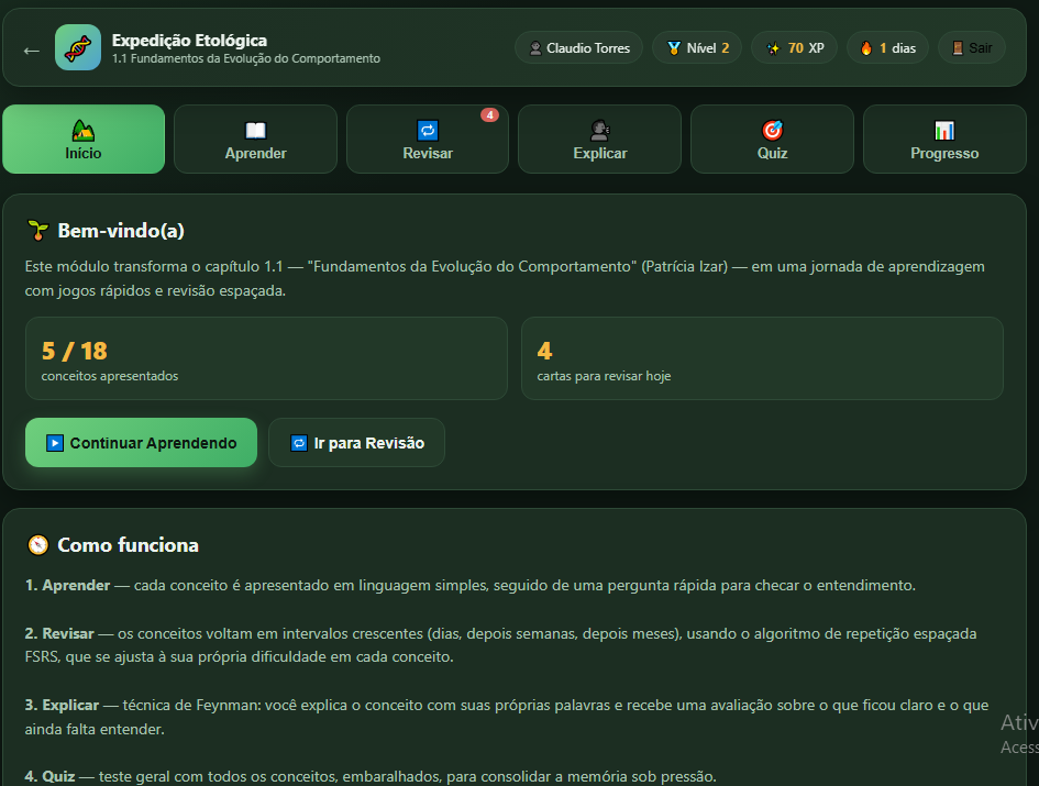 Módulo com abas de revisão, explicação, quiz e progresso, exibindo XP e sequência de dias