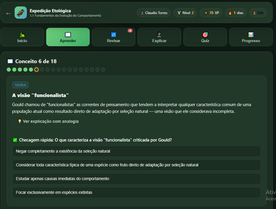 Tela de aprendizagem exibindo um conceito com teoria e checagem rápida de múltipla escolha
