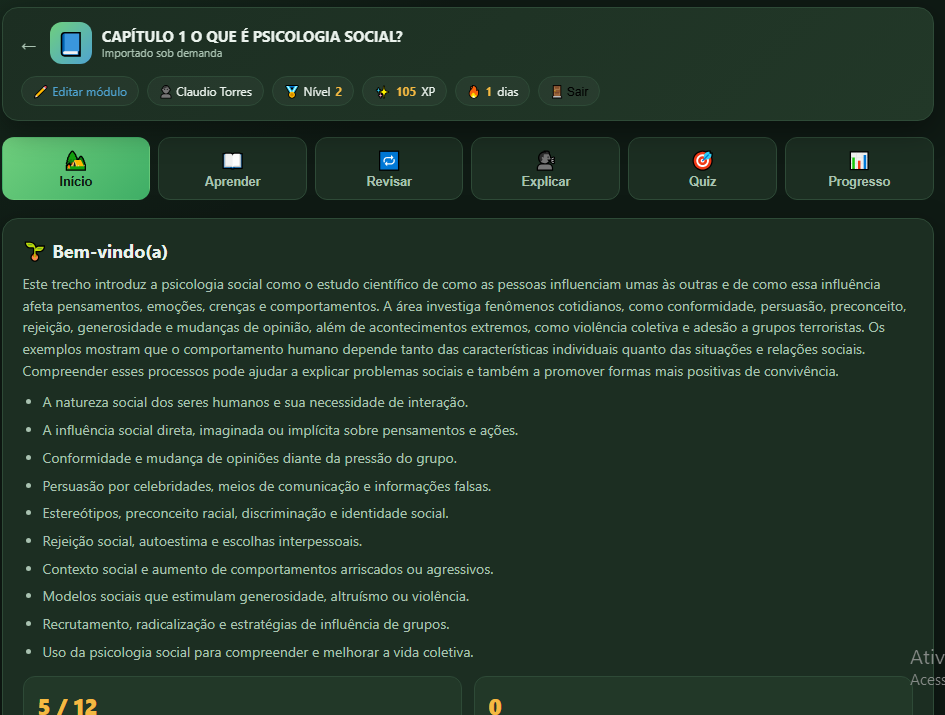 Painel inicial de um módulo do Método Aprender com abas Início, Aprender, Revisar, Explicar, Quiz e Progresso